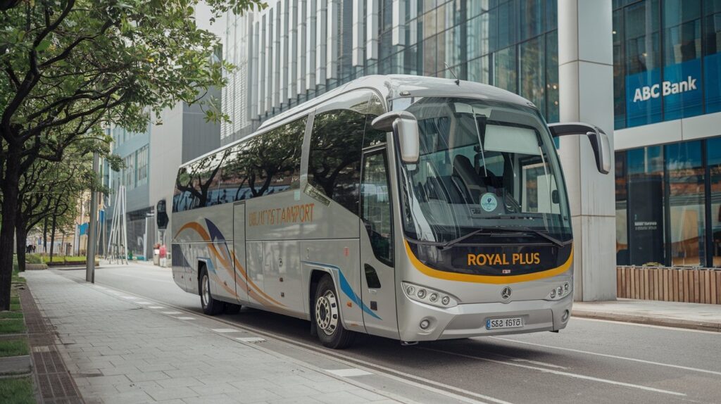a beautiful modern bus is parked in the dubai city street. The Bus belong to Royal Plus Transport which is the top charter bus rental services provider in dubai UAE